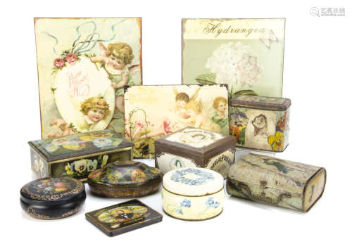 A collection of various tins, with lithographic decoration including a Rowntree's ovoid example