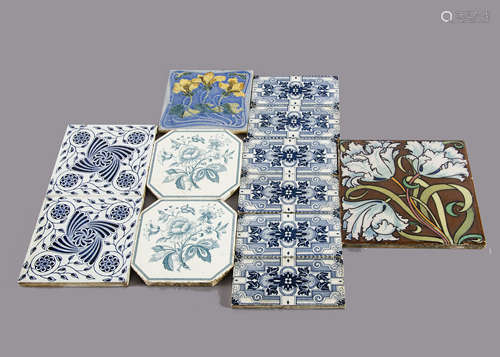 A collection of transfer printed Arts and Crafts and Art Nouveau tiles, including a large white