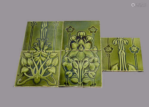 A set of five Lea & Bolton tiles, uniting together to form an ornate floral rectangle with all