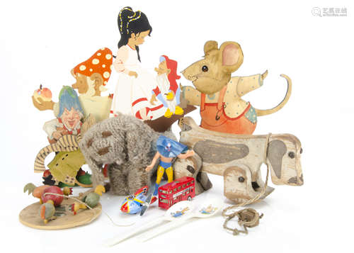 A collection of nursey items, including two plywood cut out Victoria Burnet designs of mice, one