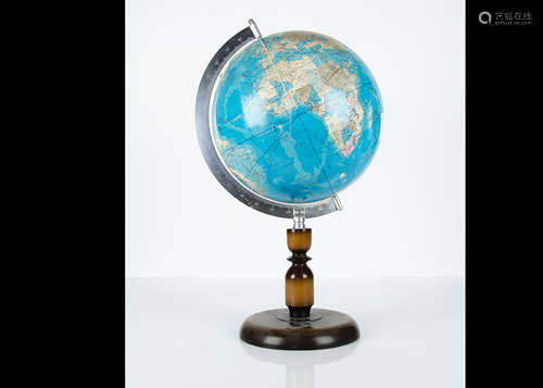 A large Japanese desk globe, the paper globe with chromed support on a turned wooden base, marked