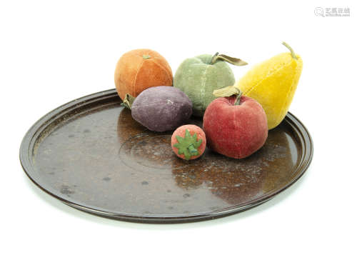 A collection of Art Deco felt faux fruit, including a peach, apple, pear, plum, strawberry, in a