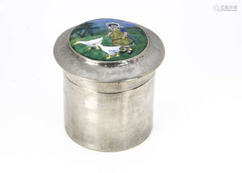 A Liberty Tudric pewter and enamel biscuit barrel, of cylindrical shape with lift off lid, the domed