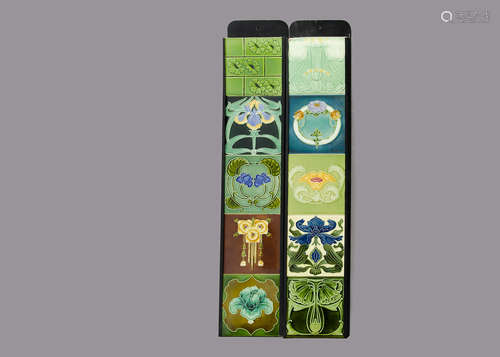 Two sets of five framed British Art Nouveau relief moulded and tube lined tiles, by Marsden and