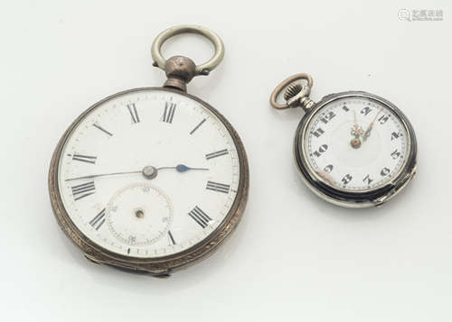 A continental lady's open faced fob watch, the white face with black Arabic Numerals with