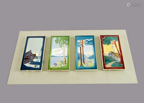 A set of four Art Deco continental relief moulded picture tiles, mounted on a contemporary canvas