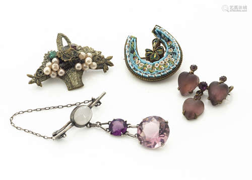 A micro mosaic and clover leaf horseshoe brooch, a heart shaped drop bar brooch, a hardstone drop