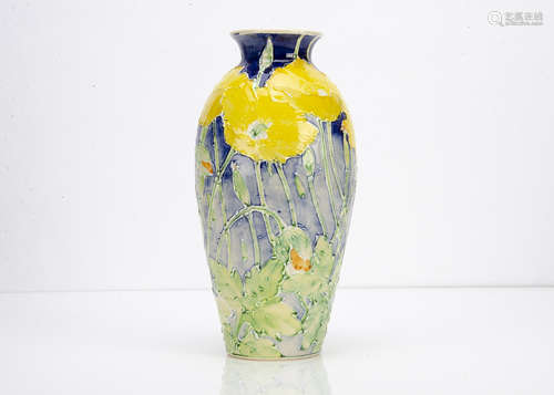 A contemporary stoneware vase by Jonathan Cox titled Welsh Poppies, of ovoid form with slightly