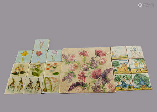 A set of six terracotta Italian tin glaze tiles, decorated with various scenes of musicians,