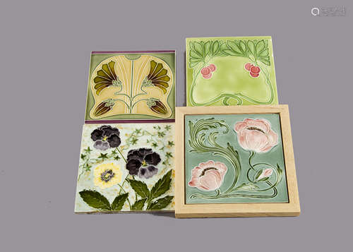 Four German Art Nouveau tiles, relief moulded floral decoration, three by Tonwerk Offstein and