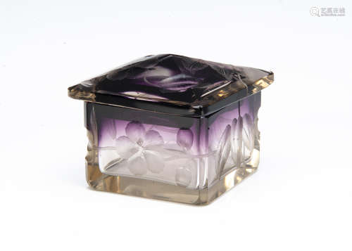 A Moser glass box and cover, with wheel engraved decoration, the amethyst coloured glass lid and