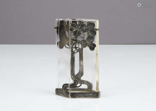 An Art Nouveau continental silver plated pewter and glass vase, the lozenge shaped glass vase within