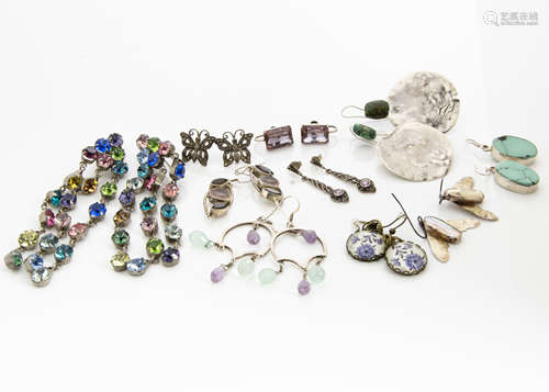 A collection of gem set and silver earrings, including a pair of butterfly and marcasite examples,