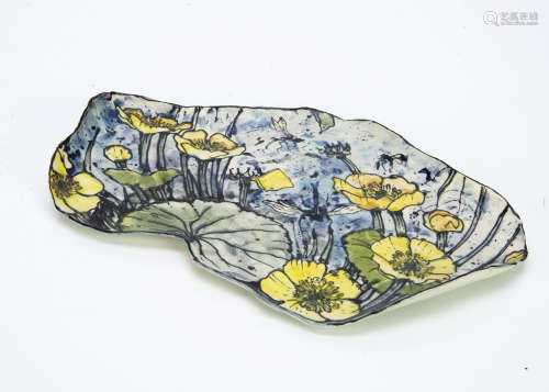 A contemporary bisque porcelain Jonathan Cox wall hanging, of yellow flowers against a blue