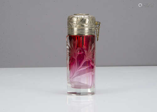 A Moser glass and silver plated scent bottle or atomiser, the hexagonal cranberry glass body with