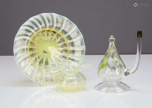 Three items of early 20th Century Vaseline glass, including a shallow sunken bowl with large