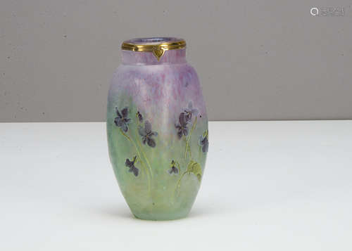 A French Art Nouveau Cameo square ovoid formed vase, the mottled ground in green, pink and mauve