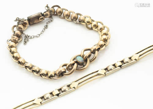 A 14ct gold bracelet, the two colour gold with pierced baton links, 16g, (af) together with a gilt