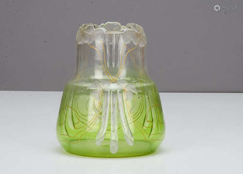 A continental French green glass vase, the green glass vase with wheel engraved and gilt