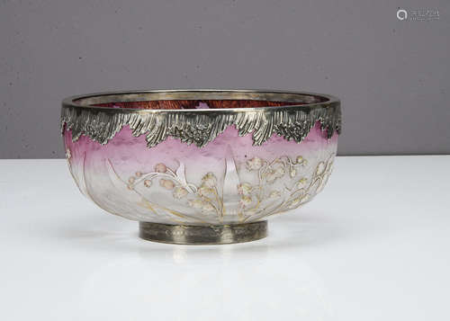 A French silver plated and Cameo footed bowl, the body with acid etched decoration of lily of the