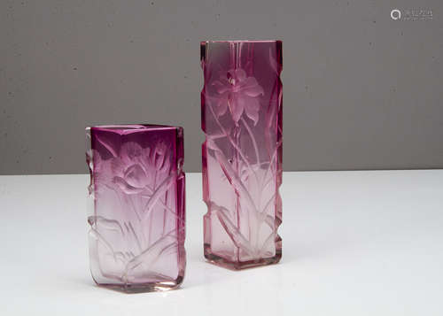 Two Moser glass vases, one of square form in a light cranberry colourway tapering to an almost