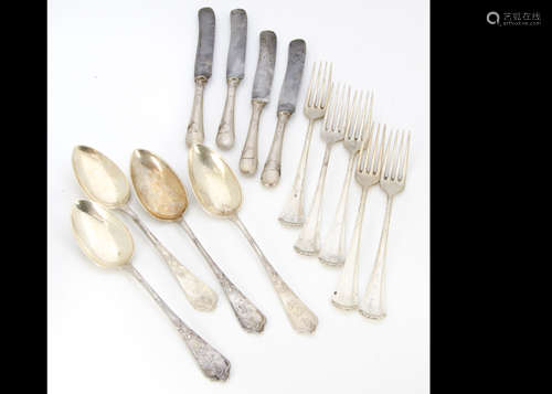 A collection of Art Nouveau, Art Deco German white metal flatware, including a set of four table