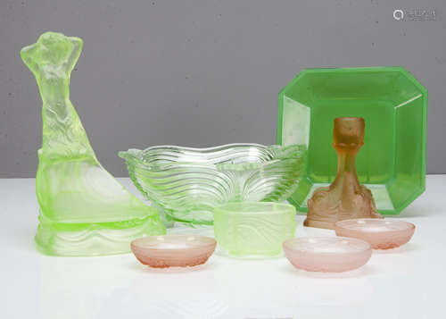 A collection of Art Deco moulded glassware, including a soap dish modelled as a mermaid emerging