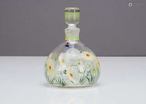 An English glass decanter and stopper, with painted summer flowers of daisies and insects