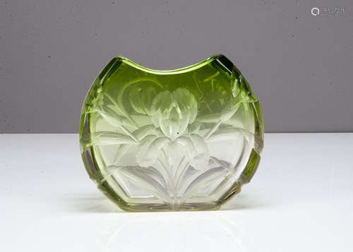 A Moser cut glass flattened ovoid vase, in a green to colourless colourway, the cut decoration of