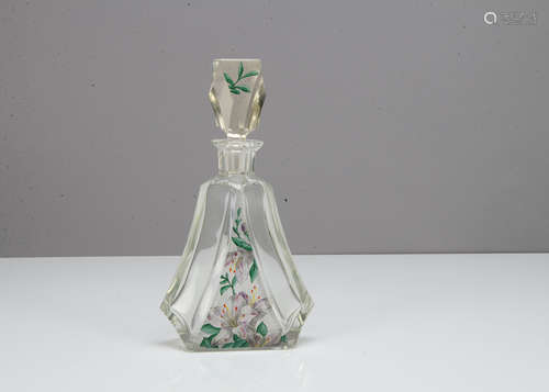 An Art Deco glass decanter with enamel decoration by Josephinehutte, of triangular flattened form