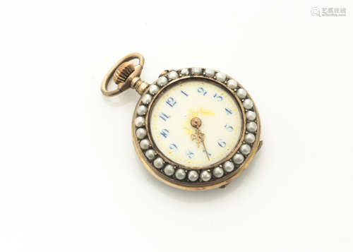 An early 20th Century silver gilt and enamel seed pearl open faced lady's fob watch, the cream