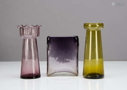 A contemporary mauve hand blown square vase, 15cm high x 12cm wide x 6cm deep together with a