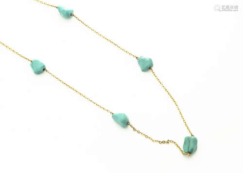 A continental yellow metal and turquoise necklace, the turquoise rough polished beads alternately