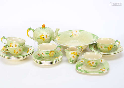 A Grindley pottery Art Deco teaset and dessert set, including teapot, tea bowls, serving bowl,