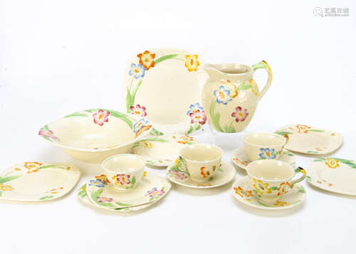 A collection of Grindley Art Deco pottery tea and dinnerwares, serving bowl, jug, three cups and