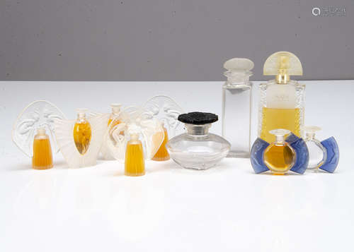 A collection of miniature Lalique Les Falcons miniatures, including Ondines, 7cm high, Jour et Nuit,