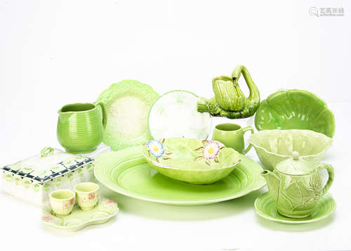 A collection of green Art Deco pottery, including a cabbage ware teapot, rectangular box and