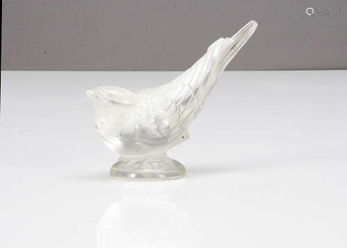 A Rene Lalique frosted glass paperweight, modelled as a goldfinch titled Chardonneret Hardi number