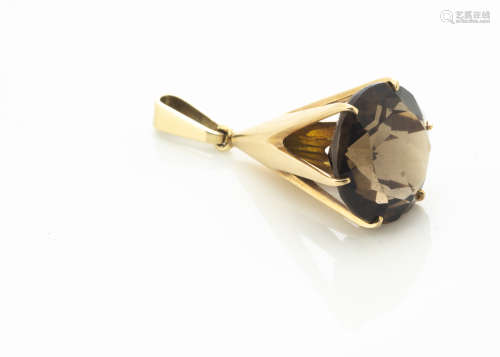 A modernist Finnish 14ct gold and smoky quartz stylised fob pendant, the conical setting