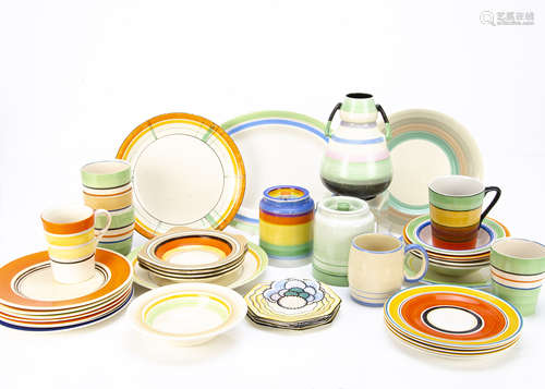 A quantity of Art Deco banded ceramics, including dinnerware, teaware, vases etc some by Susie