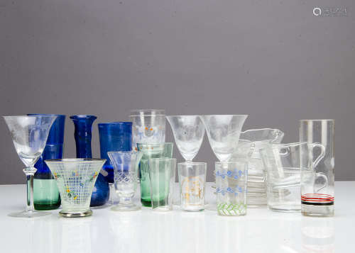 A collection of miscellaneous drinking glasses, some with engraved bowls, various contemporary glass
