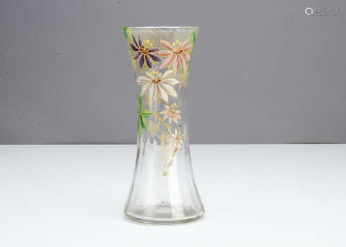 A continental Art Nouveau glass vase, of waisted form by Mont Joye, the enamel decoration of passion