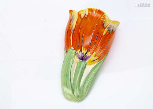 A Wade Heath Pottery tulip pattern wall pocket, painted in colours, printed factory mark to