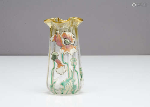An Art Nouveau continental glass crimped vase by Mont Joye, the quatrefoil rim with amber