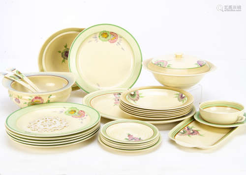 A collection of Clarice Cliff Rhodanthe pattern dinnerware, of banded moulded decoration with floral