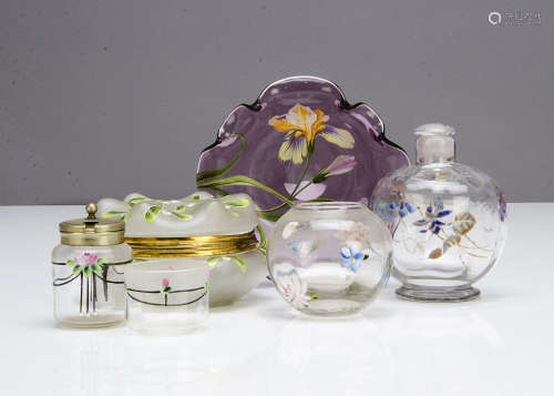 A continental Art Nouveau frosted and enamel dressing table box, decorated with mistletoe pattern,