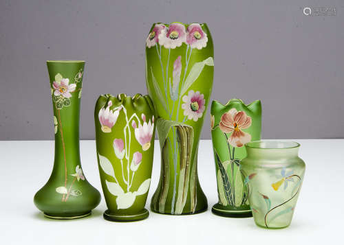 Five green continental Art Nouveau glass vases, all painted with floral design comprising a large