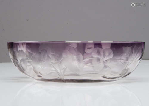A Moser cut glass ovoid amethyst centrepiece, the amethyst body of shaded colouring with wheel