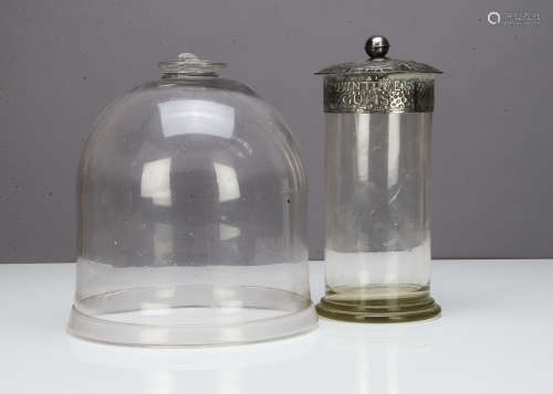 A Rowntrees Gums silver plated pewter and glass storage jar, the cylindrical body on a stepped