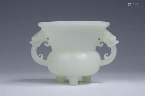 A CHINESE WHITE JADE CARVED DOUBLE EARS INCENSE BURNER